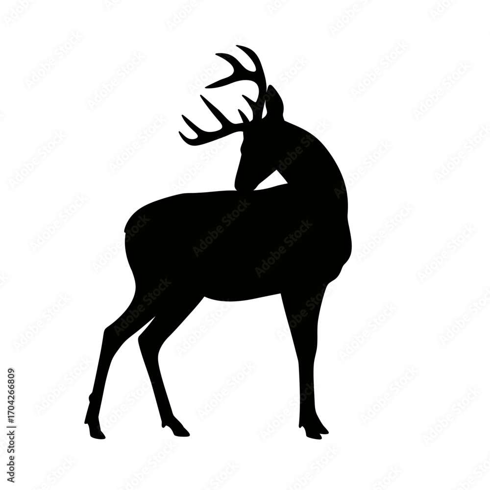 Fototapeta premium Striking Black Deer Silhouette with Majestic Antlers, Standing in Profile, Ideal for Wildlife Graphics, Nature Logos, and Outdoor Themed Illustrations