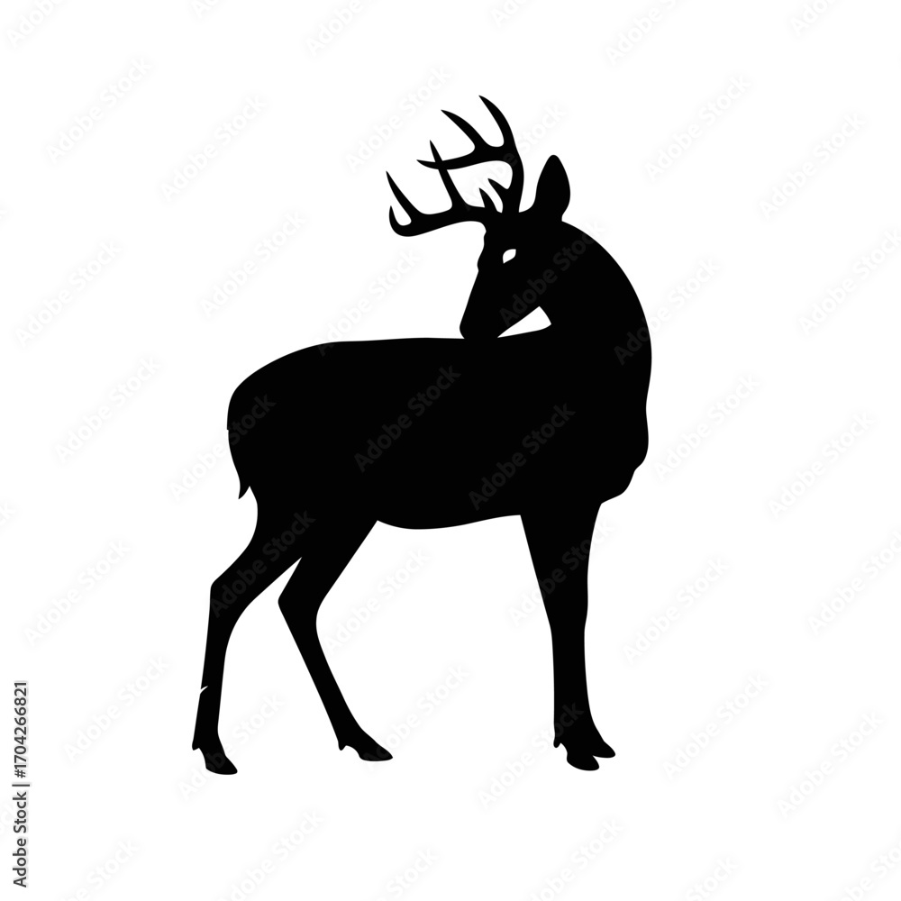 Fototapeta premium Black Silhouette of a Male Deer with Antlers Standing Against a White Background