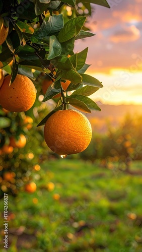 Ripe oranges on a tree at sunset
