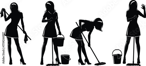 Silhouette illustration of a woman cleaning with mop, bucket, and cloth in various poses, representing housework, hygiene, and domestic chores vector
