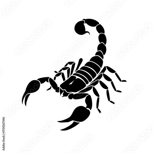 Stylized black scorpion silhouette. Isolated vector graphic design element perfect for tattoo art, powerful emblems, or impactful warning symbols
