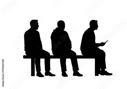 Three men silhouettes sitting on a bench looking at devices, isolated on white background