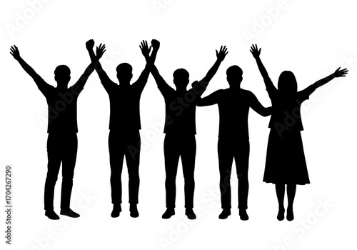Group Celebrating Together in Silhouette Unity, teamwork, encouragement and joy with hands up for success