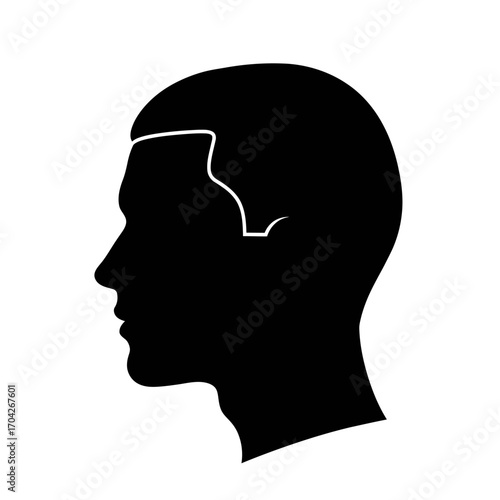 Minimalist black silhouette of a man's head in profile, ideal for modern graphic design projects and avatar representation. Clean side view for various symbolic uses