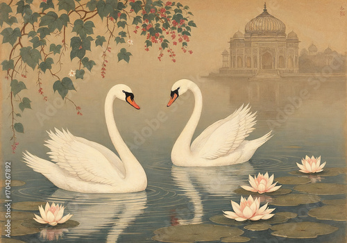 Fototapeta Naklejka Na Ścianę i Meble -  Vintage Mughal swans gliding in lotus lake near domed palace and flowering vines, antique cultural mural painting illustration with muted elegant tones
