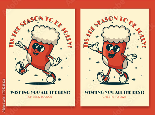 Jolly santa sock mascot Christmas card with festive snowflakes and gifts vintage retro design for holiday greetings