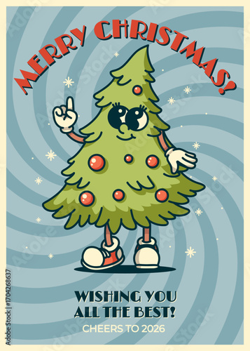 Vintage fluffy tree mascot Christmas card with ornaments and glitter jolly greeting for new year 2026 celebrations