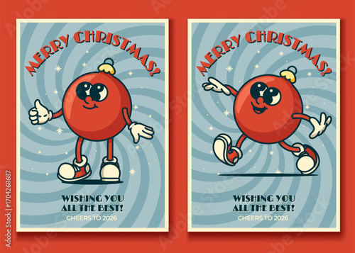 Vintage Christmas card set with red ornament mascots jolly tis the season design with snowflakes and glitter