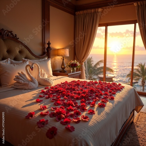 Romantic hotel suite in warm colors representing a luxurious honeymoon