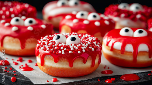Creepy donuts with red icing and candy eyes, arranged on a dark surface, showcasing spooky desserts perfect for Halloween celebrations and eerie gatherings
