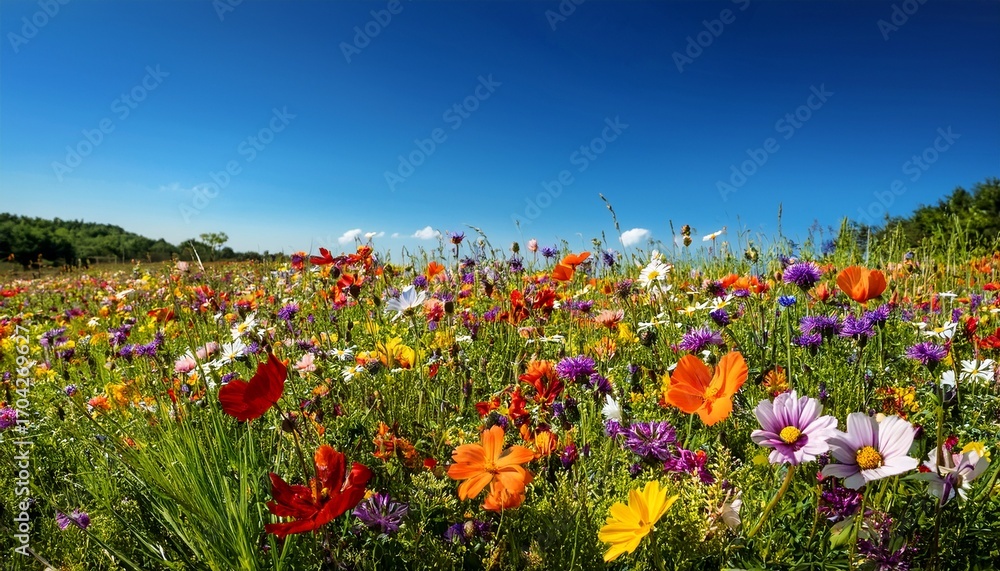 Fototapeta premium A Vibrant Meadow Filled With Wildflowers Under A Clear Blue Sky