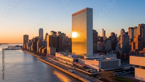 United Nations Headquarters at Sunrise: A Panoramic View of Global Diplomacy in New York City