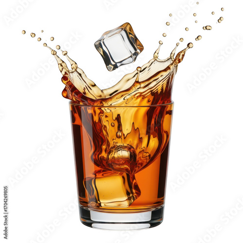 Whiskey splash with ice cubes isolated on transparent background