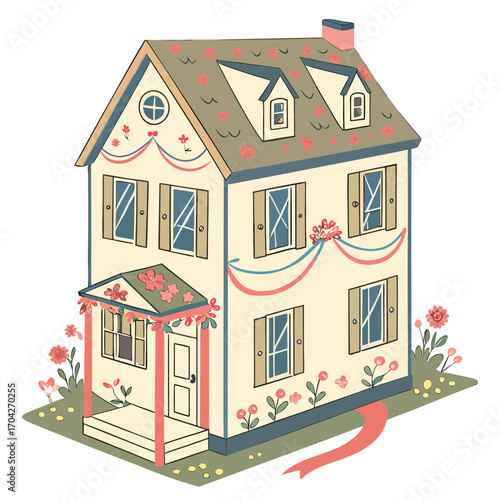 Charming twostory house adorned with floral decorations and festive banners