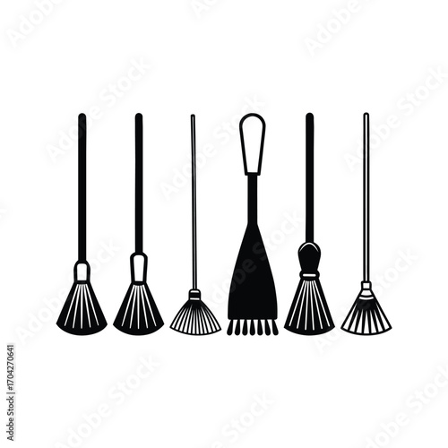 Black white silhouette different types brooms brushes
