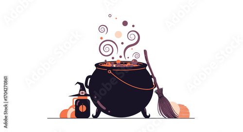 A spooky witch's cauldron bubbles with potion ingredients next to a broom and pumpkin decorations.