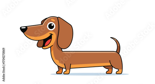 A happy cartoon dachshund dog with a long body and short legs is wagging its tail.