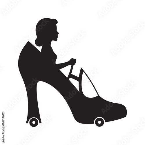 Black white silhouette woman heeled car
