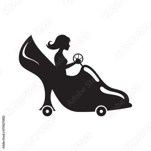 Black white silhouette woman heeled car