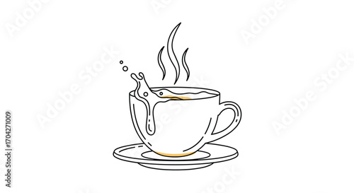Aromatic hot coffee beverage splashing from a white ceramic cup on a saucer.