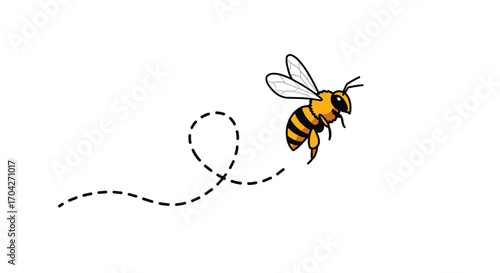 A single bee flies in a winding path creating a dotted line.