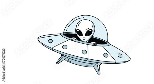A friendly alien peeks out from a classic flying saucer.