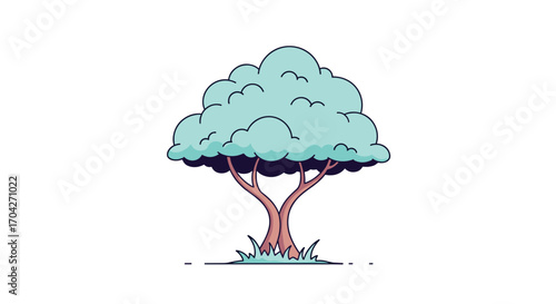 A beautiful cartoon tree with a lush green canopy stands tall in a grassy field under a clear sky.