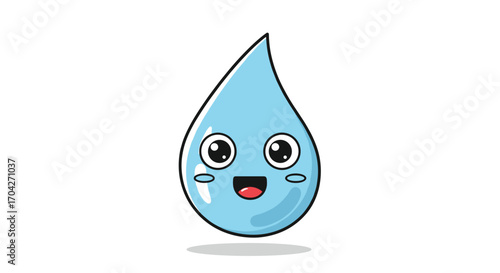 A cute cartoon water droplet with happy eyes and a big smile smiles.