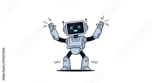 An animated robot with its hands raised in excitement. .