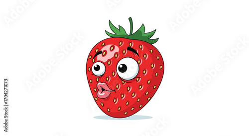 Cute cartoon strawberry with a surprised facial expression.
