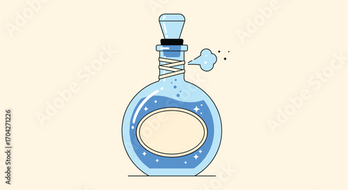 Magical elixir potion in a round glass bottle with a cork stopper.