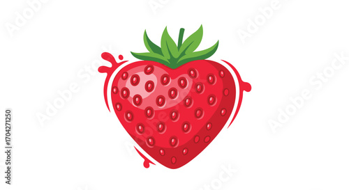 A sweet heart shaped strawberry with juicy splashes and green leaves makes a delicious treat.
