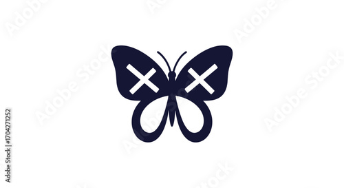 The dark butterfly emblem with crossed eyes and stylized wings represents transformation.