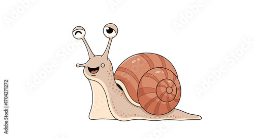 A cute cartoon snail with big eyes and a happy expression is slowly crawling.
