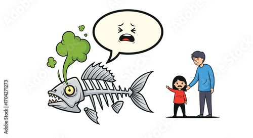 A father and daughter react to a smelly dead fish skeleton. They are concerned about the environment.