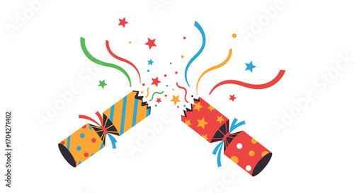 Celebration crackers bursting with colorful confetti and streamers in a festive design.