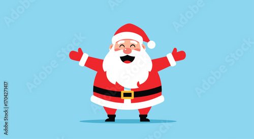 A jolly cartoon illustration of Santa Claus with his arms outstretched in a welcoming gesture on a light blue background.