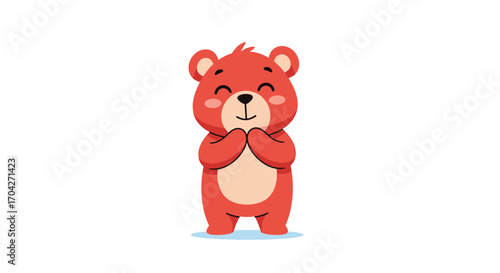 A cute red bear with its hands together praying or begging.