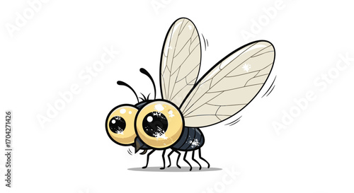 A funny cartoon fly with big eyes and transparent wings flies around.