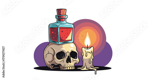A still life illustration featuring a skull topped with a potion bottle next to a lit candle.