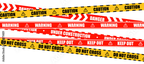 Caution and Warning Tape Set with Hazard Icons Safety Labels Danger Symbols Alert Stripes Industrial Tape Vector Mockup