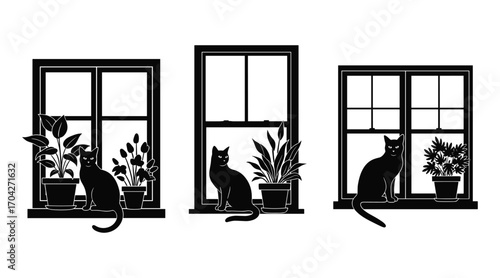 Three black cats sitting on windowsills with potted plants in silhouette vector