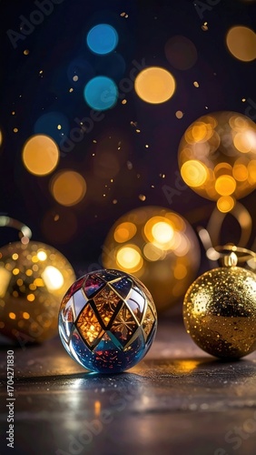 Festive Christmas baubles, gold and multi-colored, against a backdrop of bokeh lights and sparkling confetti