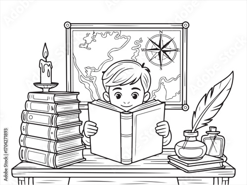 Cartoon boy reading book at desk with candle, stack of books, quill, ink pot, and map background, black and white line art illustration for kids educational printable coloring activity