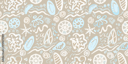 Whimsical hand drawn abstract shapes and swirls seamless pattern in soft pastel colors