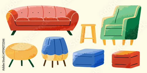 Collection of colorful and stylish cartoon furniture including a sofa armchair stool ottoman and poufs