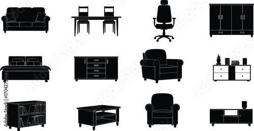 Black silhouette vector set of classic home furniture including sofa, dining table, office chair, wardrobe, bed, armchair, bookshelf, coffee table, and TV stand.