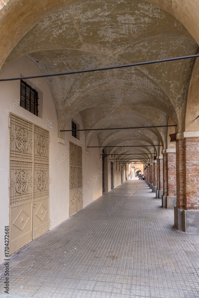 Obraz premium Arcades creating a covered walkway in Cherasco, Piedmont, Italy