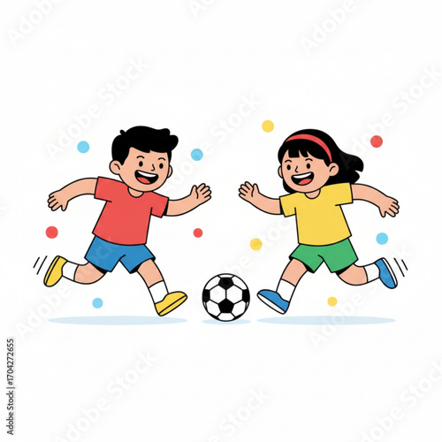 Two kids, a boy and a girl, are happily playing soccer together