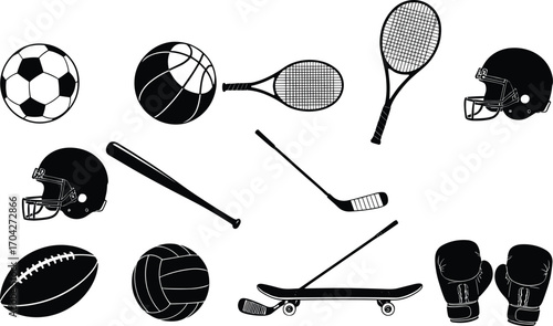 Black silhouette vector set of various sports equipment including soccer, basketball, tennis, baseball, football, volleyball, hockey, skateboarding, and boxing gear.
